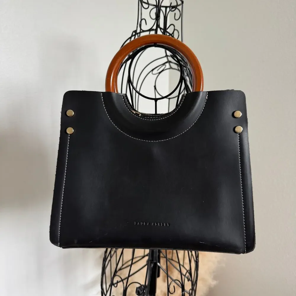 Laura Ashley Black Ivy Zip Tote Bag with Wooden Handles